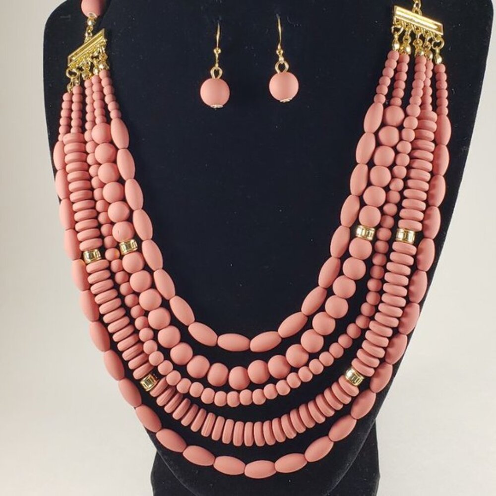 Matte Coral Multi-Strand Necklace & Earrings Set – Gold Beaded Layered Statement - Picture 7 of 13